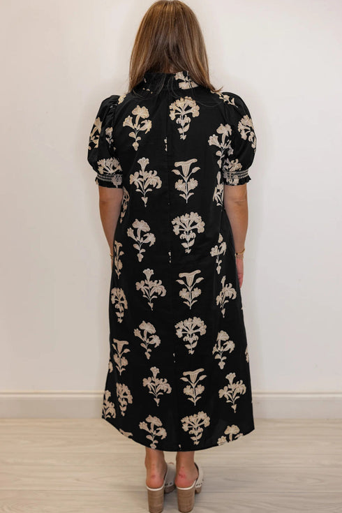 Bohemian Floral Print Frilled Collar Puff Sleeve Maxi Dress