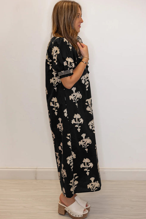 Bohemian Floral Print Frilled Collar Puff Sleeve Maxi Dress