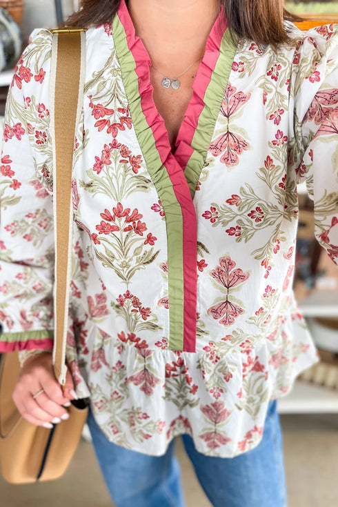 Bohemian Floral Print Frilled V Neck Cotton Peplum Blouse