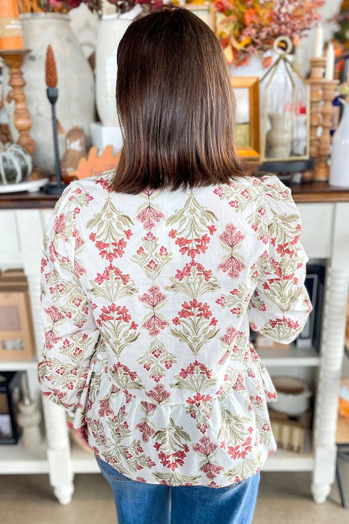 Bohemian Floral Print Frilled V Neck Cotton Peplum Blouse
