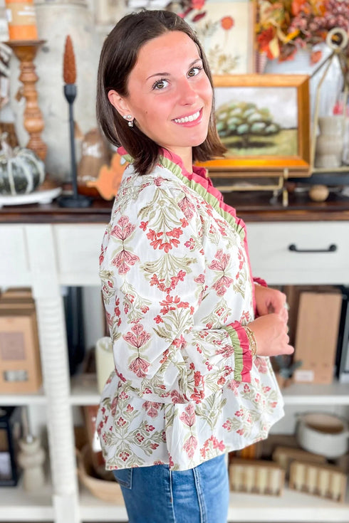 Bohemian Floral Print Frilled V Neck Cotton Peplum Blouse