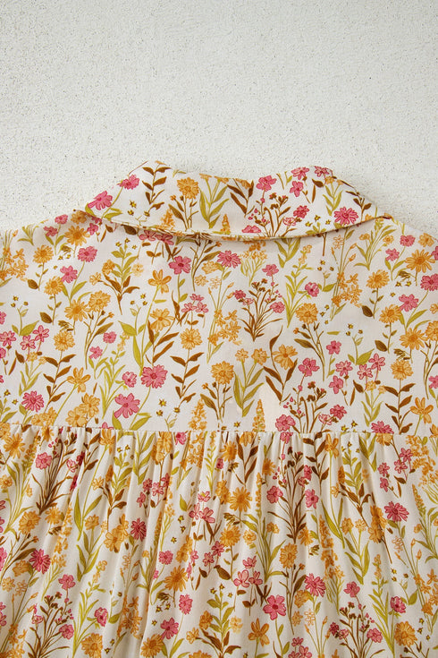Bohemian Floral Print Frilly Trim Smocked Cuff Mini Dress