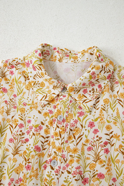 Bohemian Floral Print Frilly Trim Smocked Cuff Mini Dress
