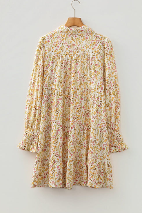 Bohemian Floral Print Frilly Trim Smocked Cuff Mini Dress