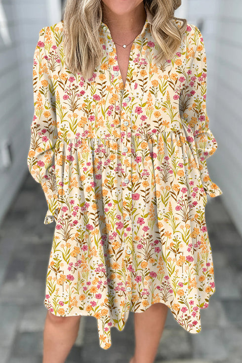 Bohemian Floral Print Frilly Trim Smocked Cuff Mini Dress