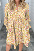 Bohemian Floral Print Frilly Trim Smocked Cuff Mini Dress