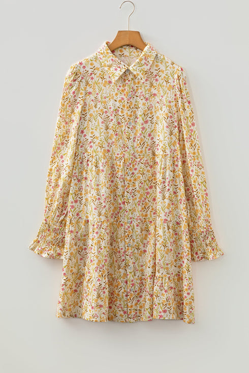 Bohemian Floral Print Frilly Trim Smocked Cuff Mini Dress