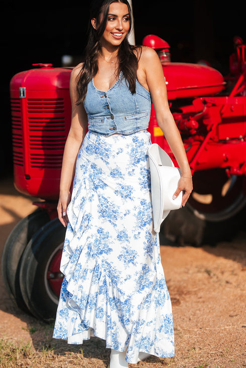 Bohemian Floral Print High Waist Ruffle Split Maxi Skirt