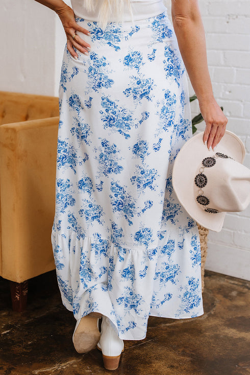 Bohemian Floral Print High Waist Ruffle Split Maxi Skirt