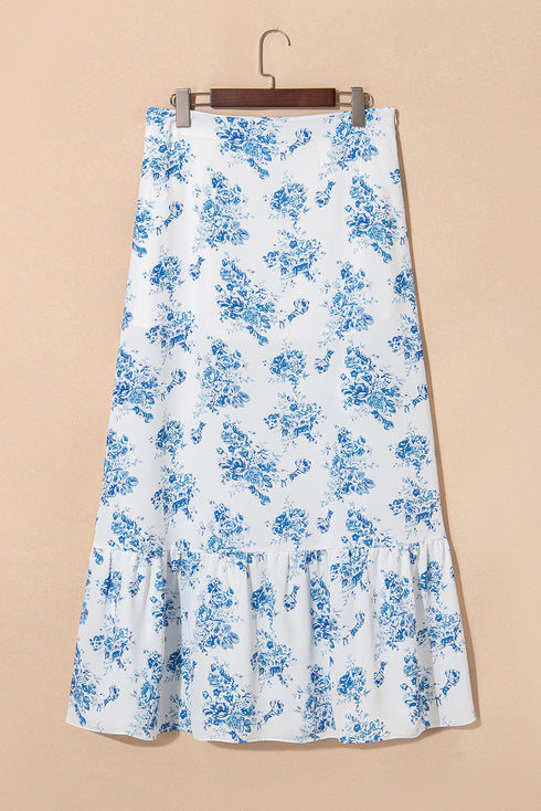 Bohemian Floral Print High Waist Ruffle Split Maxi Skirt