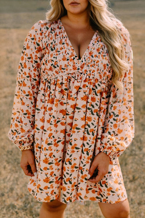 Bohemian Floral Print Long Sleeve Babydoll Mini Dress