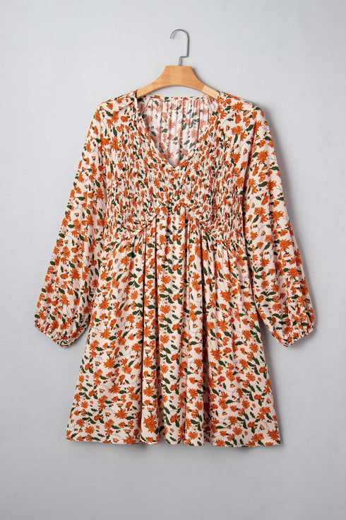Bohemian Floral Print Long Sleeve Babydoll Mini Dress