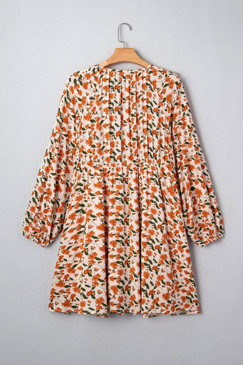 Bohemian Floral Print Long Sleeve Babydoll Mini Dress