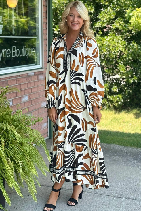 Bohemian Floral Print Long Sleeve Ruffle Hem Maxi Dresses