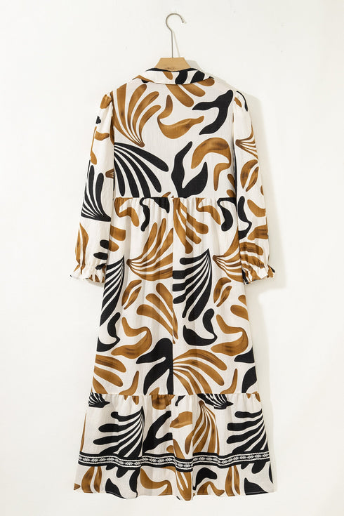 Bohemian Floral Print Long Sleeve Ruffle Hem Maxi Dresses