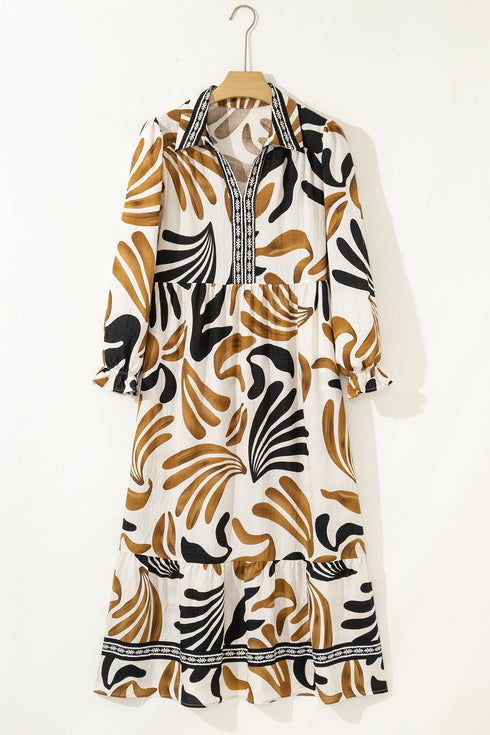 Bohemian Floral Print Long Sleeve Ruffle Hem Maxi Dresses