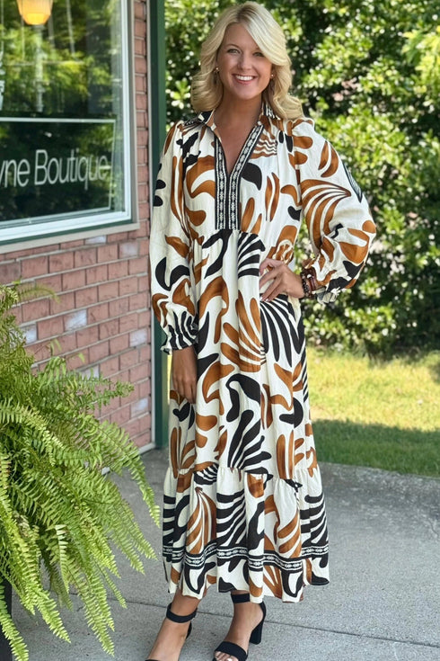 Bohemian Floral Print Long Sleeve Ruffle Hem Maxi Dresses
