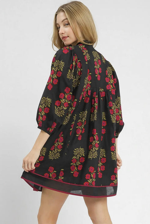 Bohemian Floral Print Notched Neck Bracelet Sleeve Babydoll Dress