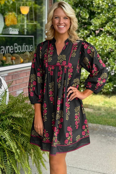 Bohemian Floral Print Notched Neck Bracelet Sleeve Babydoll Dress