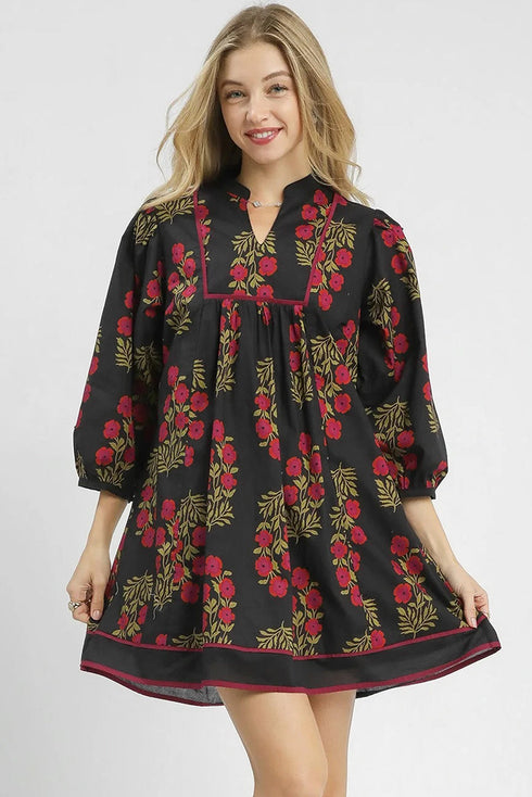 Bohemian Floral Print Notched Neck Bracelet Sleeve Babydoll Dress