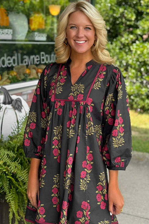 Bohemian Floral Print Notched Neck Bracelet Sleeve Babydoll Dress