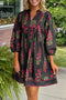 Bohemian Floral Print Notched Neck Bracelet Sleeve Babydoll Dress