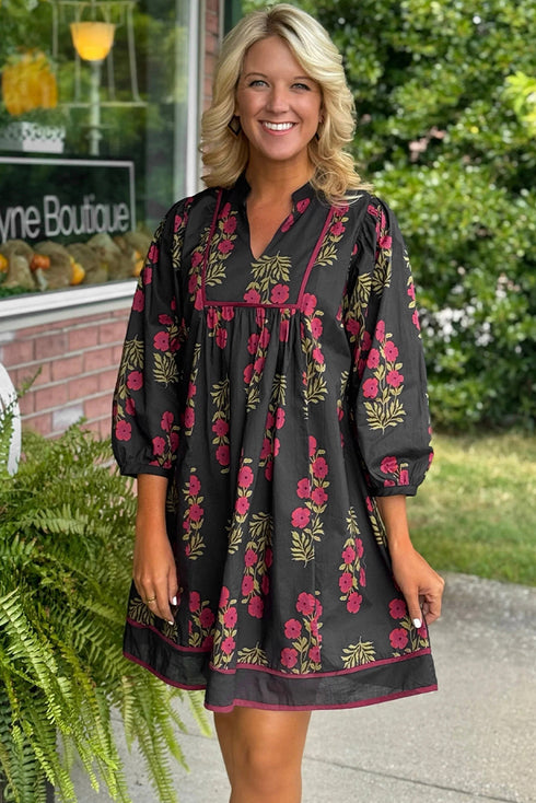 Bohemian Floral Print Notched Neck Bracelet Sleeve Babydoll Dress