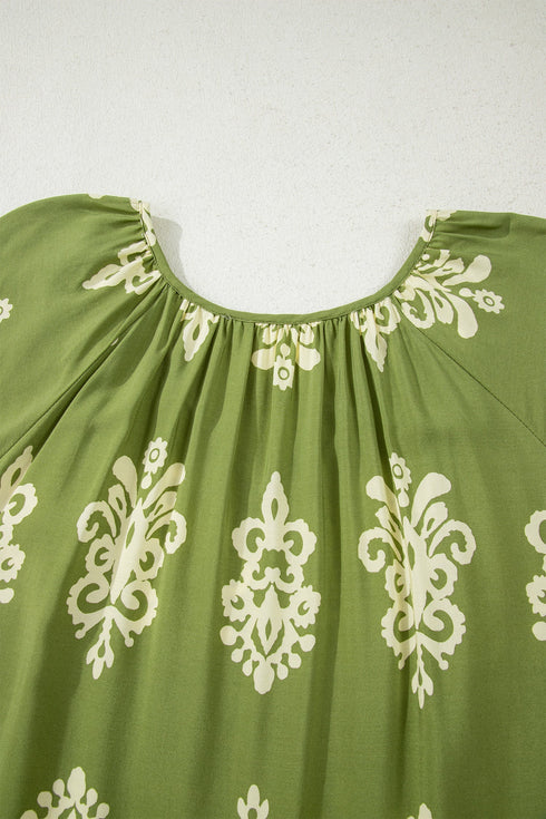 Bohemian Floral Print Notched V Neck Short Sleeve Blouse