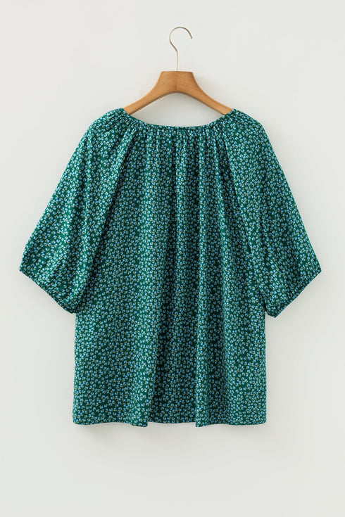 Bohemian Floral Print Notched V Neck Short Sleeve Blouse