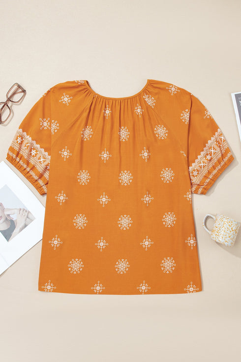 Bohemian Floral Print Notched V Neck Short Sleeve Blouse