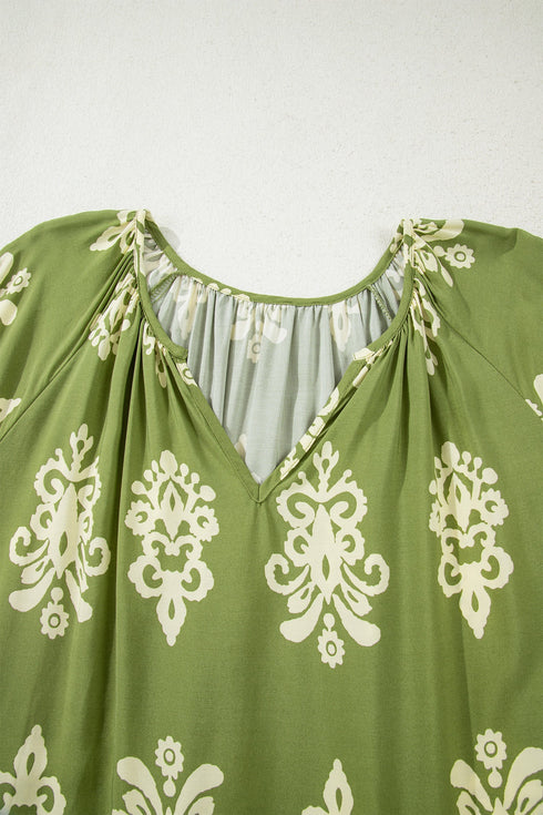 Bohemian Floral Print Notched V Neck Short Sleeve Blouse
