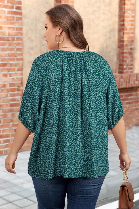 Bohemian Floral Print Notched V Neck Short Sleeve Blouse