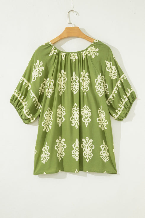 Bohemian Floral Print Notched V Neck Short Sleeve Blouse