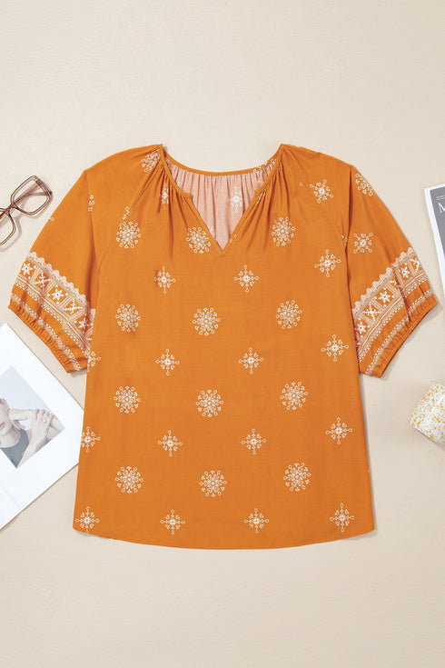 Bohemian Floral Print Notched V Neck Short Sleeve Blouse