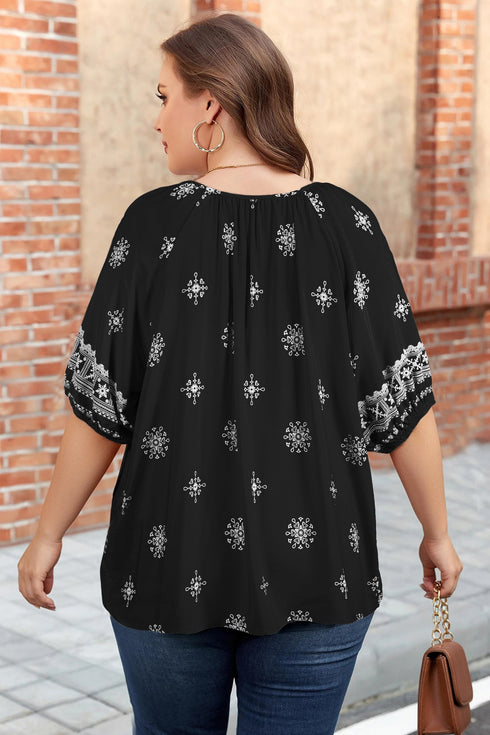 Bohemian Floral Print Notched V Neck Short Sleeve Blouse