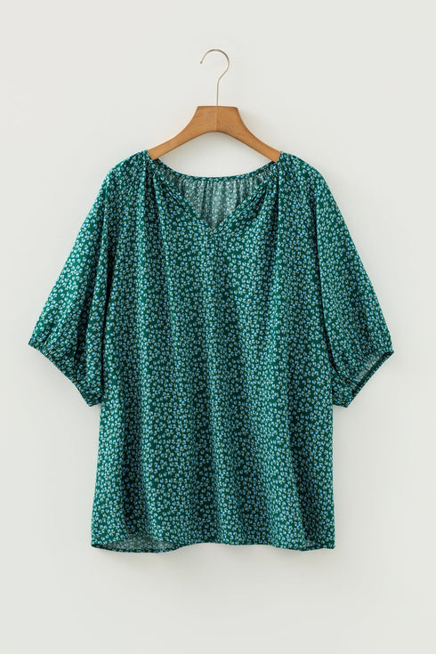 Bohemian Floral Print Notched V Neck Short Sleeve Blouse