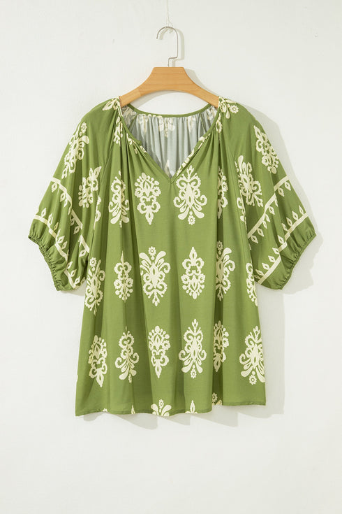 Bohemian Floral Print Notched V Neck Short Sleeve Blouse