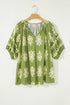 Bohemian Floral Print Notched V Neck Short Sleeve Blouse