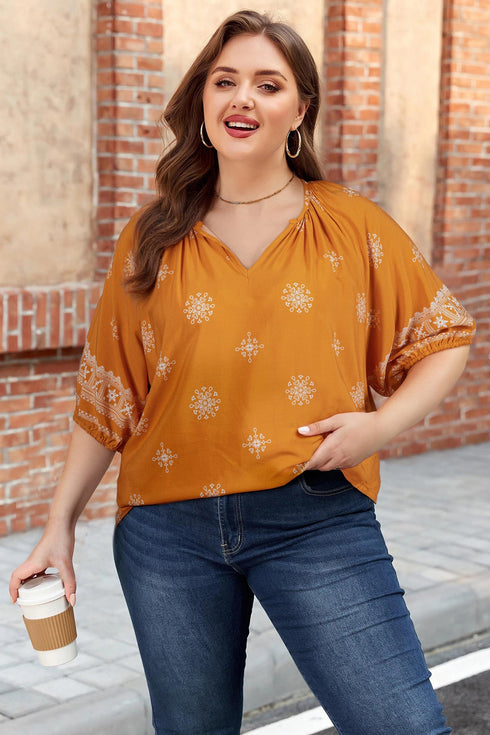 Bohemian Floral Print Notched V Neck Short Sleeve Blouse