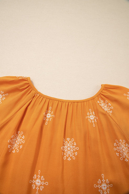 Bohemian Floral Print Notched V Neck Short Sleeve Blouse