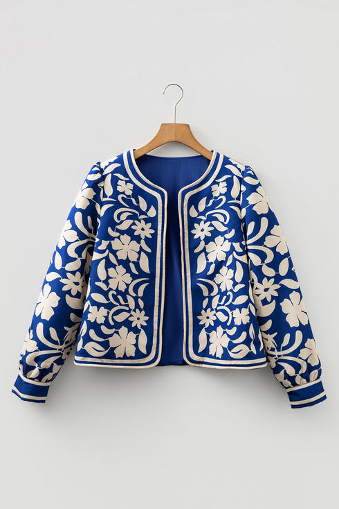 Bohemian Floral Print Open Front Buttoned Cuff Jacket