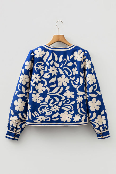 Bohemian Floral Print Open Front Buttoned Cuff Jacket