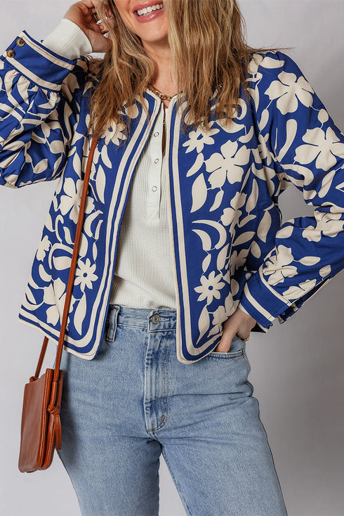 Bohemian Floral Print Open Front Buttoned Cuff Jacket