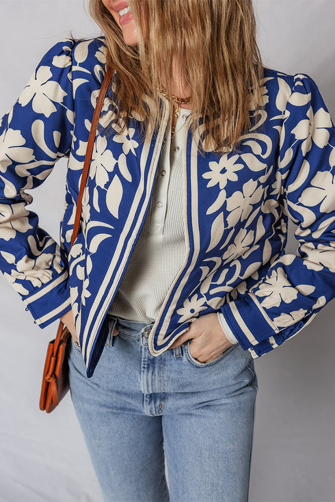 Bohemian Floral Print Open Front Buttoned Cuff Jacket
