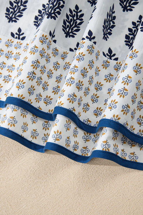 Bohemian Floral Print Patchwork Contrast Trim Puff Sleeve Blouse