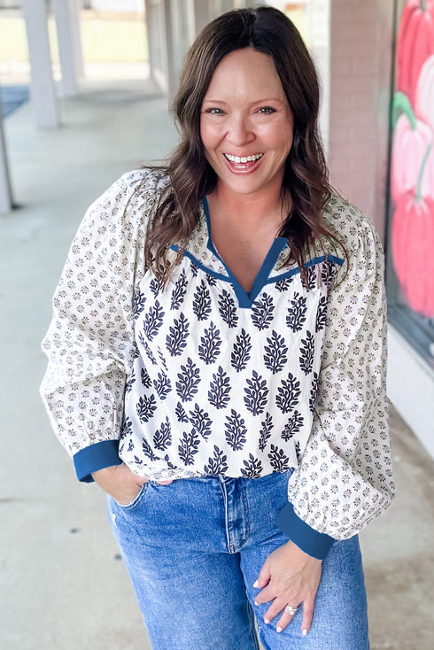 Bohemian Floral Print Patchwork Contrast Trim Puff Sleeve Blouse