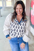 Bohemian Floral Print Patchwork Contrast Trim Puff Sleeve Blouse