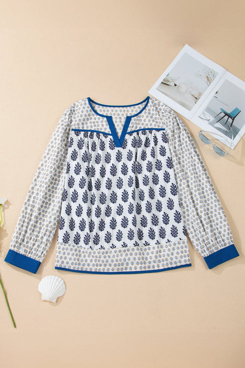 Bohemian Floral Print Patchwork Contrast Trim Puff Sleeve Blouse