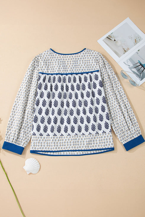 Bohemian Floral Print Patchwork Contrast Trim Puff Sleeve Blouse