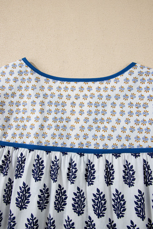Bohemian Floral Print Patchwork Contrast Trim Puff Sleeve Blouse